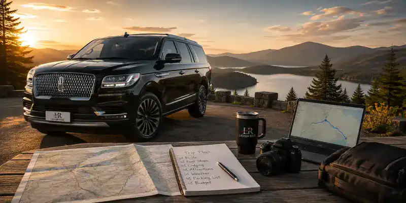 Lincoln Navigator with the official Lavish Ride logo beside a trip planner, map, laptop, and coffee mug overlooking a scenic mountain lake.